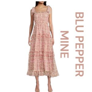 MINE BY BLU PEPPER Floral Print Sleeveless
Tiered Midi Dress, Size M.